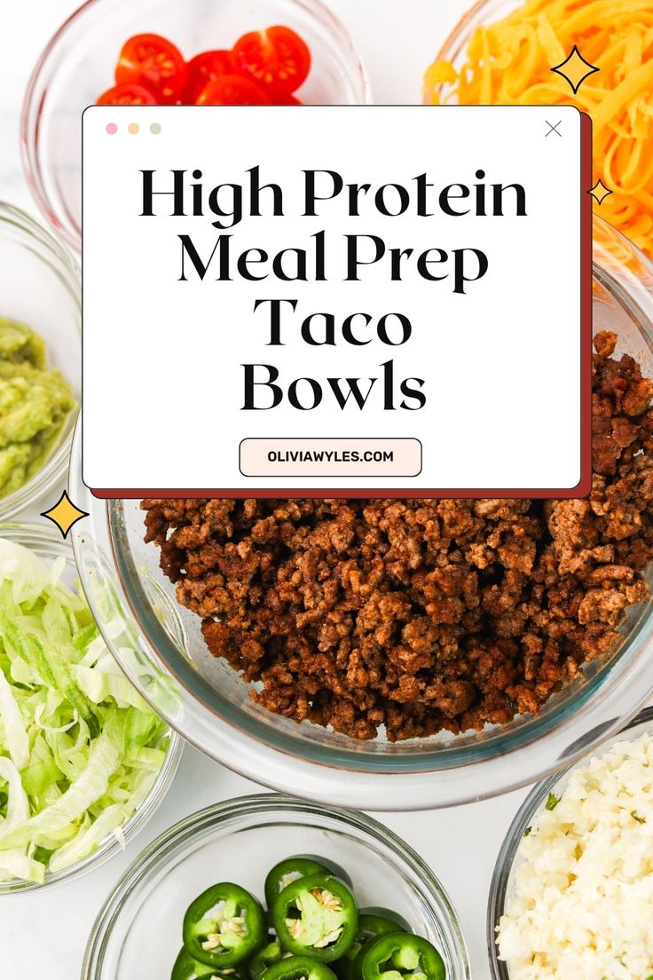 high protein meal prep bowls with text overlay that reads high protein meal prep taco bowls