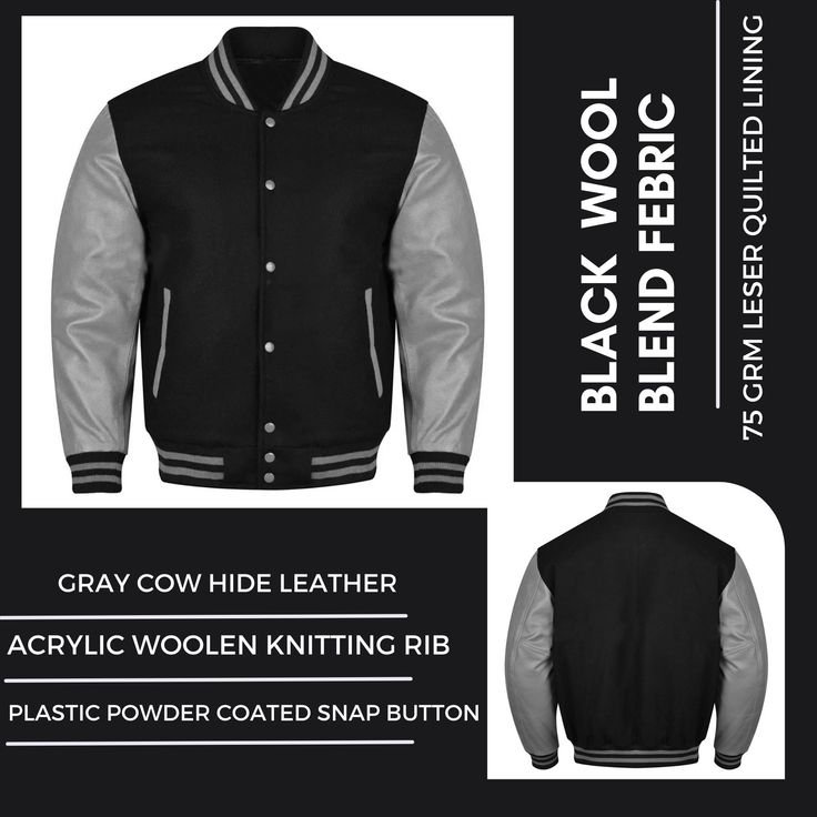 VARSITY JACKET * Premium Quality Wool Blend (80% wool and 20% Acrylic. * 100% High Quality Leather Sleeves.  * Best Quality knitted Cotton Rib for the collar, sleeves and waistband. * 100% Polyester Quilted Lining inside the Jacket * Two Outside Slice Pockets and 3 inside pockets including 1 mobile pockets * All range of wool colors * All range of leather colors * All Range of Sleeves Colors * All possibilities of trimming colors combinations * All possible Colors of Buttons & Snaps If your requ Black Fitted Long Sleeve Varsity Jacket, Tailored Wool Varsity Jacket For Fall, Fitted Black Varsity Jacket, Black Fitted Varsity Jacket, Fitted Black Outerwear For College, Fitted Wool Varsity Jacket, Winter Varsity Style Outerwear For Work, Black Cotton Blazer For Streetwear, Classic Fitted Varsity Jacket For Winter