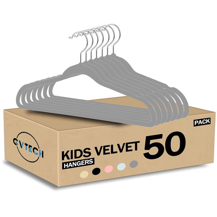 pack of 50 kids velvet hangers in a cardboard box with white and black labels