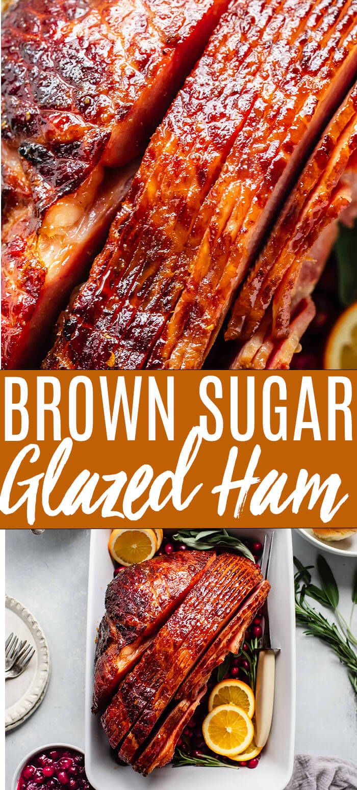 brown sugar glazed ham on a plate with orange slices