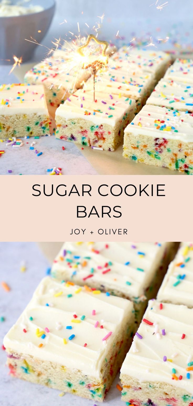 sugar cookie bars with white frosting and sprinkles