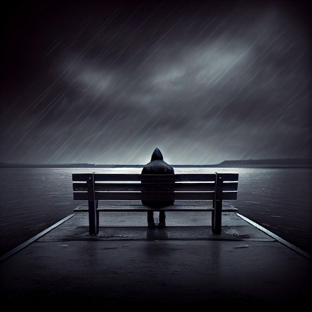 a person sitting on a bench looking out at the water under a cloudy black sky