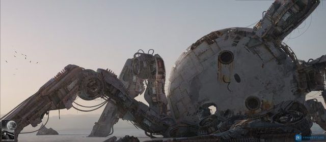 an image of a giant robot in the middle of the ocean with seagulls flying around