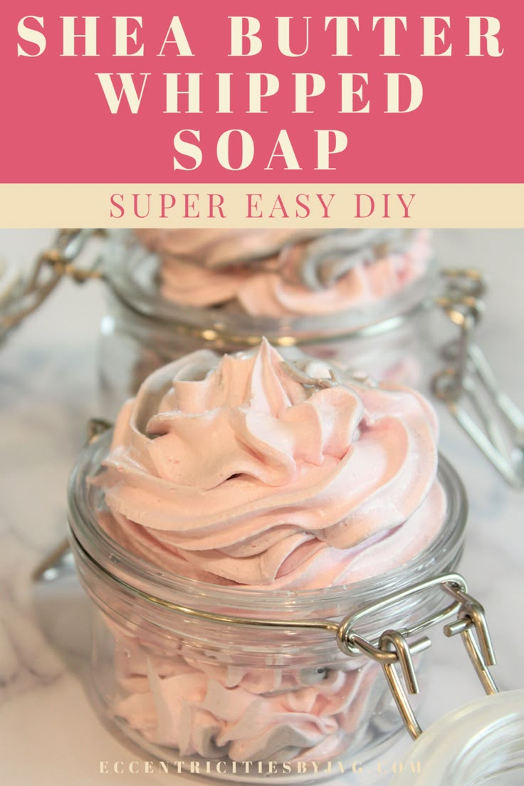 three jars filled with whipped cream sitting on top of a white marble counter topped with pink flowers