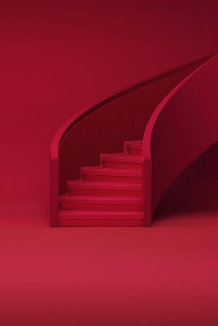 a red staircase with steps leading up to it on a pink background in the middle of an empty room