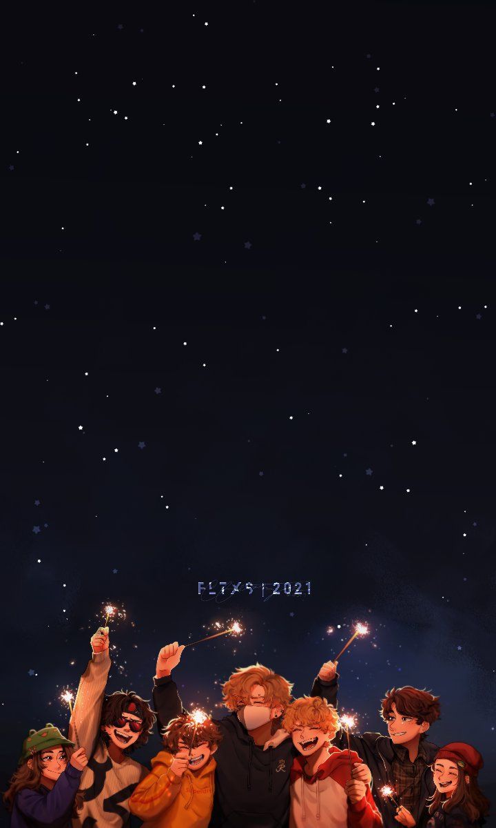 group of people holding sparklers in front of night sky with stars and the words happy new year written on it