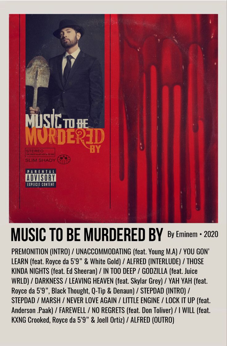 the poster for music to be murdered by is displayed in front of a red background