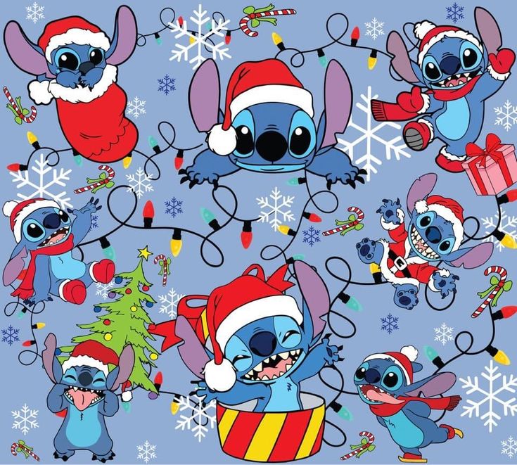 stitchy christmas characters with santa hats and presents on a blue background, surrounded by snowflakes