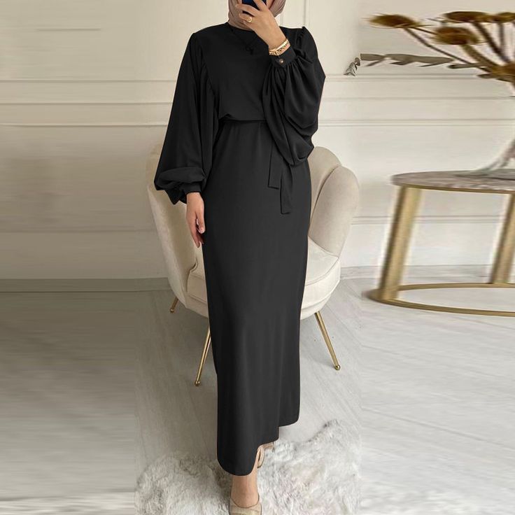 Modest Muslim Robe Dress with Long Sleeves - Perfect for Everyday Wear Muslim Dress Abaya, Casual Evening Dresses, Islamic Dress, Dress Muslim, Mode Abaya, Lantern Sleeve Dress, Muslim Dress, Long Sleeve Casual Dress, Abaya Dress