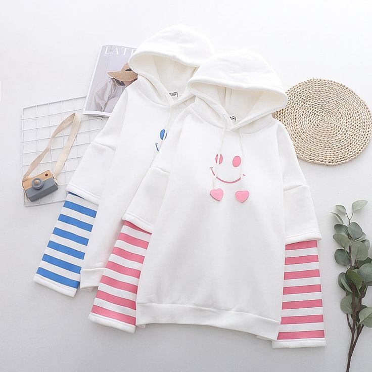 Product ID: JW4920 
 Material: Cotton 
 Color: Blue, White 
 Size Info: 
 One Size: Bust 114 cm, Length 61 cm, Sleeve 42 cm www.ccovv.com Face Print, Smiling Face, Striped Sleeve, Winter Colors, Pink Hoodie, Smile Face, Suits You, Diy Clothes, Blue White