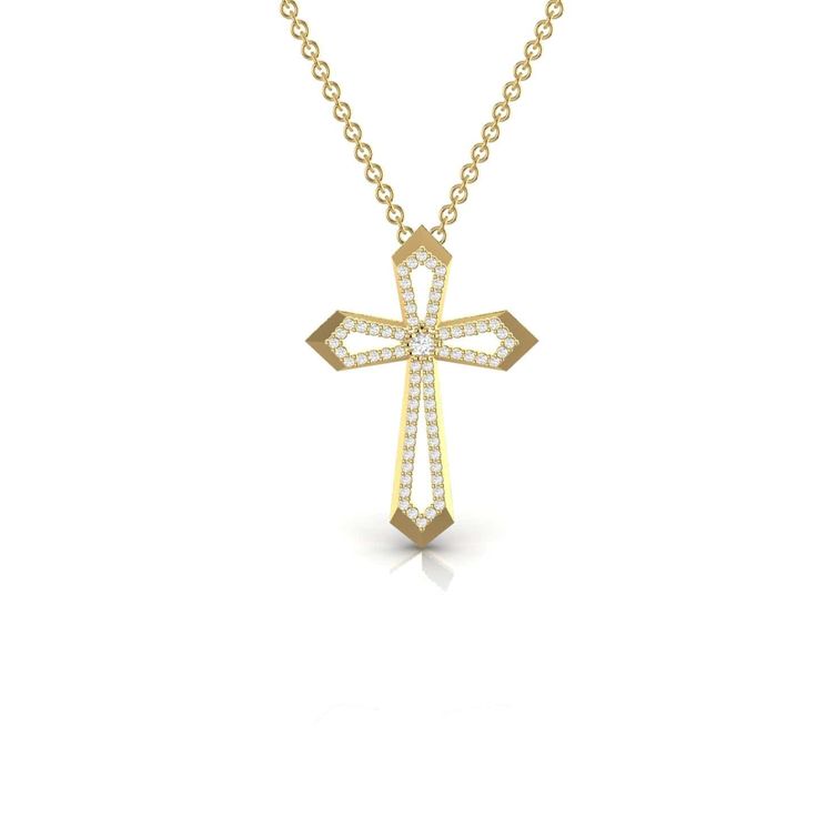 a gold cross necklace with diamonds on the front and back side, set in 18k yellow gold