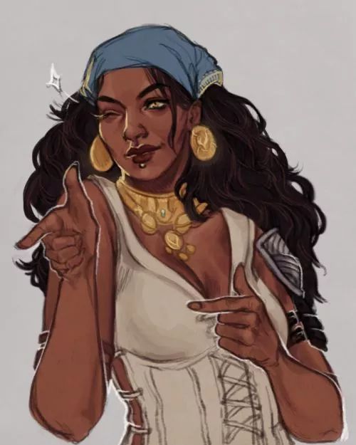 a drawing of a woman in white dress with gold earrings and a blue bandana