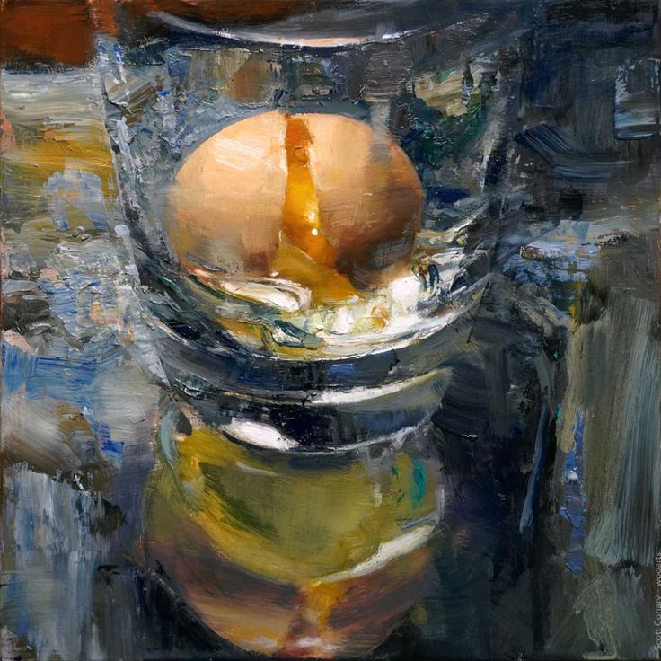 a painting of an orange in a glass bowl