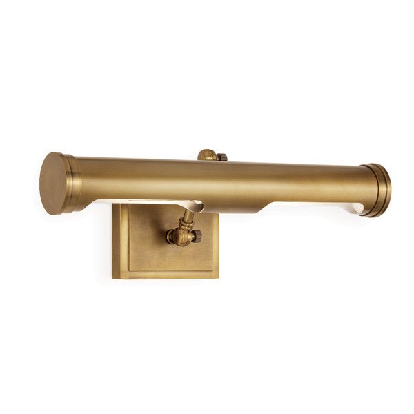 an image of a brass colored wall light with two lights on the side and one arm