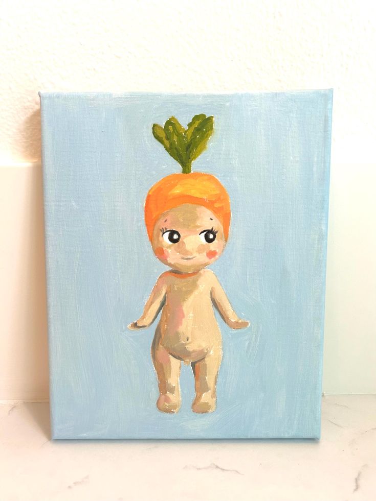 a painting of a baby doll with a carrot on it's head, standing in front of a blue background