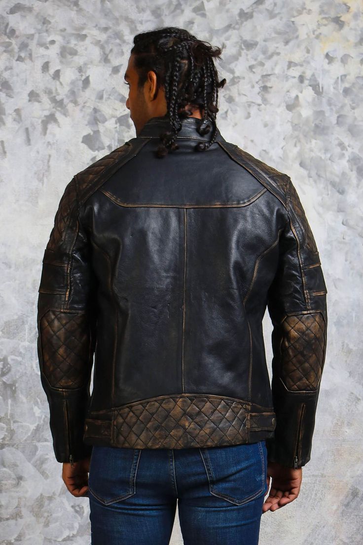 Men's Distressed Motorcycle Leather Jacket In Black The men's distressed motorcycle leather jacket, in classic black, is a testament to rugged sophistication. Made from semi-aniline sheepskin leather, it features a unique quilted shoulder design and a vintage look. The jacket is equipped with a band collar, zip cuffs, and a secure zipper closure. Lined with comfortable viscose, it offers ample storage with two side and two breast zip pockets, embodying both style and functionality. Outer Shell: Genuine Leather Leather Type: Sheepskin Leather Finish: Semi-aniline Inner Shell: Viscose Lining Features: Quilted Shoulder With Vintage Look Closure Style: Zipper Collar Style: Band Cuffs Style: Zip Inside Pockets: One Outside Pockets: Two Side Zip Pockets And Two Breast Zip Pockets Color: Black Rugged Leather Jacket For Biker Events In Winter, Rugged Leather Jacket For Winter Biker Events, Rugged Black Outerwear For Motorcycling, Rugged Leather Jacket For Winter Motorcycling, Rugged Leather Jacket For Motorcycling In Winter, Rugged Black Motorcycling Outerwear, Rugged Black Leather Motorcycle Jacket, Rugged Distressed Brown Biker Jacket For Winter, Black Rugged Leather Jacket For Motorcycling