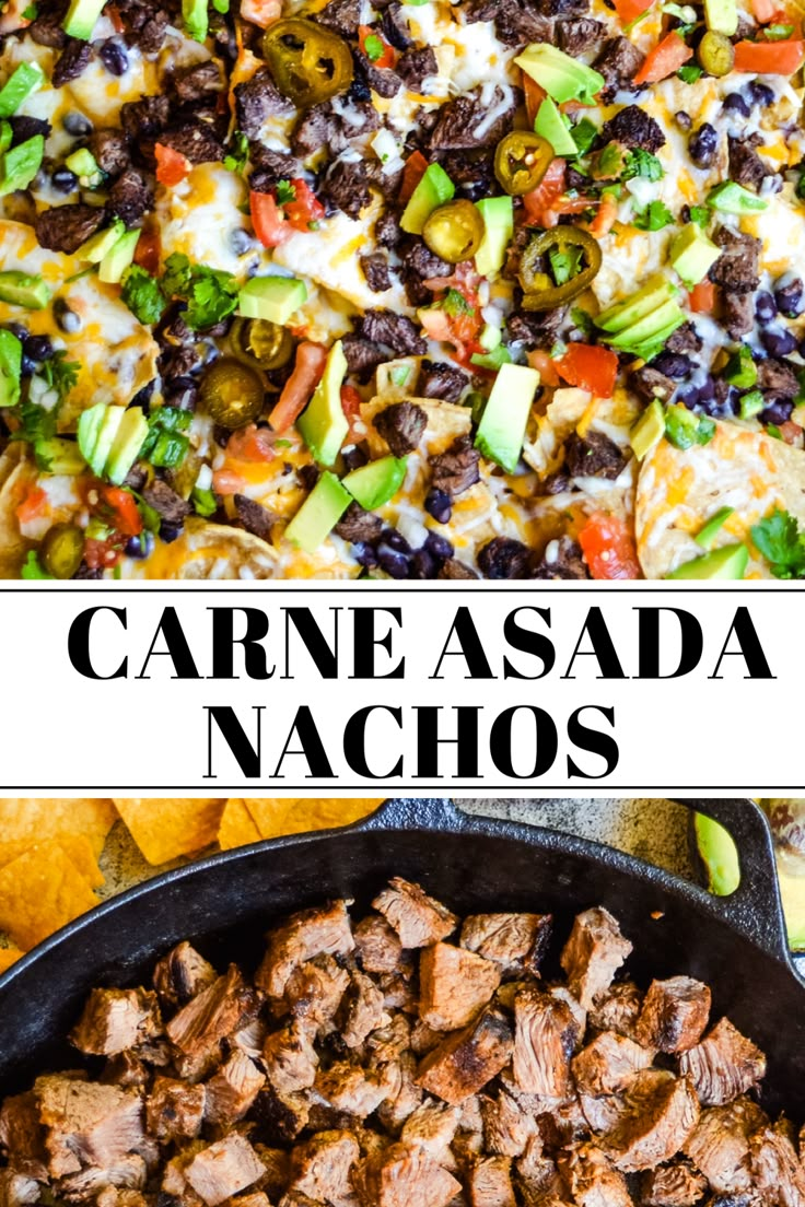 a skillet filled with carne asada nachos next to tortilla chips