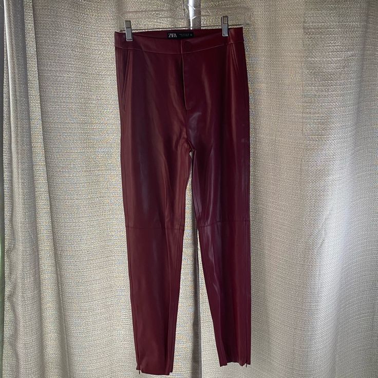 Red Zara Leather Pants Nwot Never Worn. Chic Burgundy Pants For Party, Chic Burgundy Party Pants, Burgundy Bottoms For Fall Party, Burgundy Party Bottoms For Fall, Fall Party Burgundy Bottoms, Stretch Burgundy Pants For Party, Casual Stretch Red Leather Pants, Chic Stretch Burgundy Bottoms, Burgundy Stretch Pants For Night Out