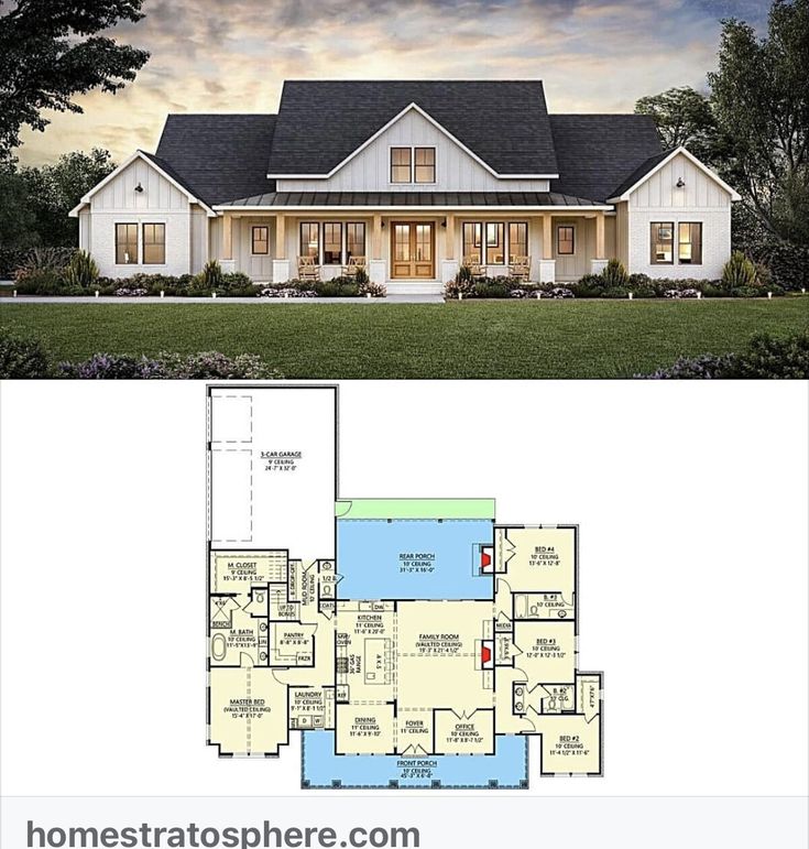 two story house plan with large front porch and open floor plans for the first level