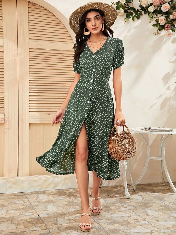 Ditsy Floral Button Up Dress | SHEIN USA Western Dresses For Women, Below The Knee Dresses, Ditsy Floral Dress, Womens Floral Dress, Split Dress, Button Up Dress, Senior Session, Western Dresses, Tea Dress