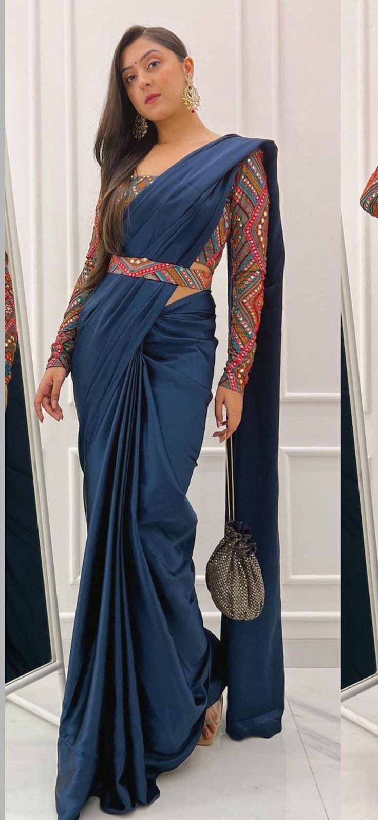 Sleeve Less Blouse Designs Saree, Party Wear Sarees Classy, Saree With Full Sleeve Blouse Party Wear, Farwell Idea Dress Indian, Trendy Saree Styles, Saree Latest Trend, Party Wear Simple Sarees, Full Sleeves Saree Look, Farewell Sarees With Full Sleeves Blouse