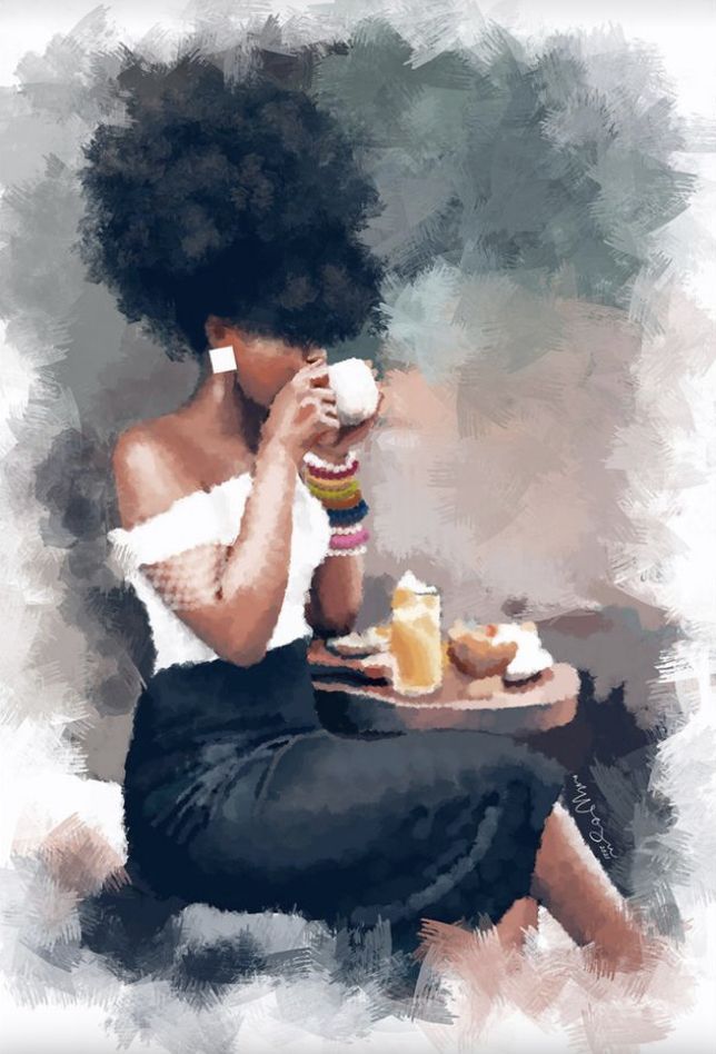 a painting of a woman holding a coffee cup while sitting on a chair with food