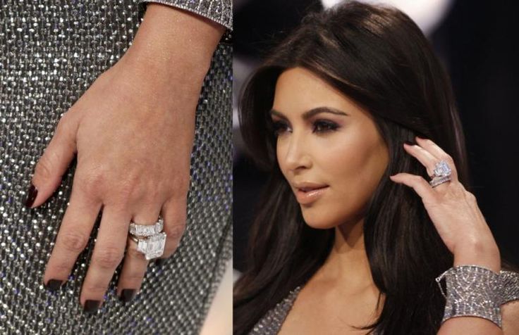 kim kardah's engagement ring and her diamond wedding band are seen in this composite image