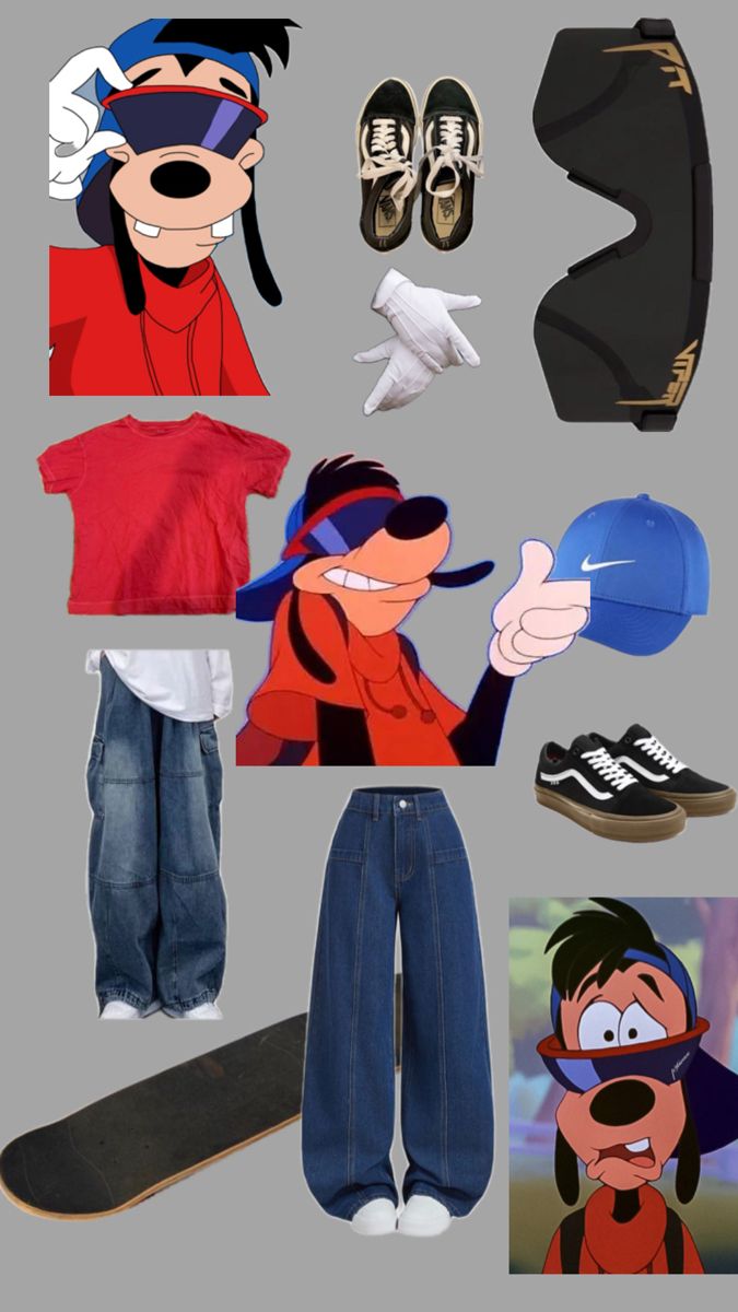 various cartoon characters are depicted in this image, including shoes and clothing for the character