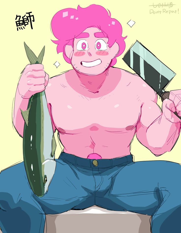 a man with pink hair is holding a knife and a fish in his right hand