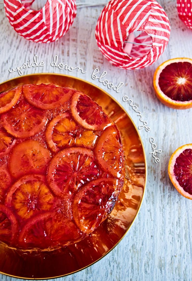 blood orange upside down cake on a plate