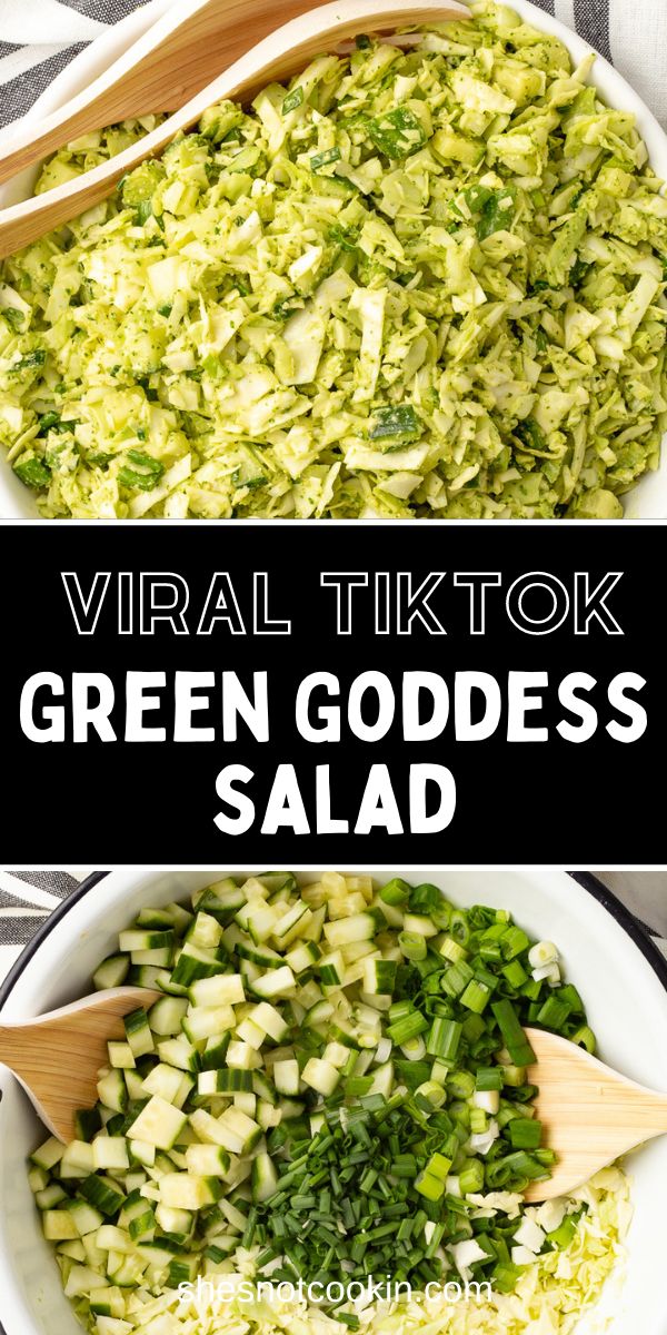 Green goddess salad in white. bowl with wooden spoons. Baked By Melissa Salad, Healthy Cabbage Salad, Goddess Salad Recipe, Green Goddess Salad Recipe, Green Dressing, Healthy Cabbage, Green Goddess Salad, Goddess Salad, Baked By Melissa