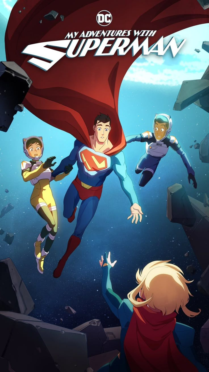 an animated movie poster for the adventures of superman and his friends flying through the air