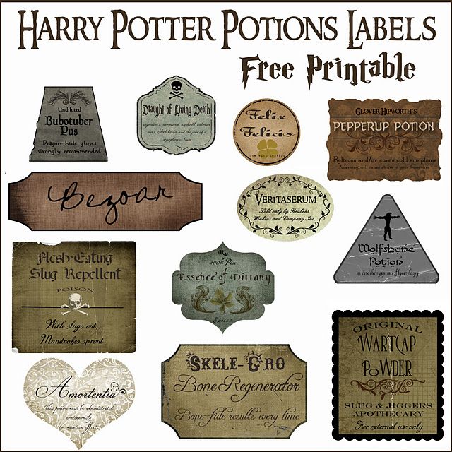 harry potter labels are shown with the names and symbols for each item in this set