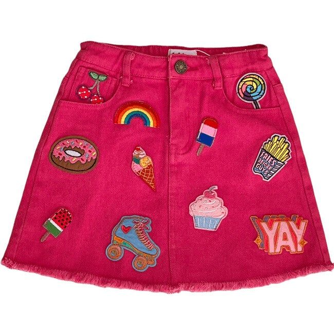 Hot pink denim skirt - Covered in adorable patches - Pair with any top - The perfect skirt for your little ones - Model wearing a size 8 | Lola + The Boys | All About Patch Hot Pink Denim Skirt, (Multicolor, Size 10Y) | Maisonette collects the best children’s products from around the world (unlike Zulily, Etsy, The Tot, Farfetch Kids, Childrensalon, Crate and Kids, Kohls, Wayfair, Buy Buy Baby, Nordstroms, Mini Boden, J.Crew Factory, or PotteryBarn Kids), creating a curated shopping experience f Pink Cotton School Bottoms, Casual Pink Patchwork Skirt, Pink Mini Denim Skirt With Pockets, Pink Denim Mini Skirt With Pockets, Playful Pink Skirt For School, Cute Cotton Denim Skirt With Pockets, Pink Mini Denim Skirt For Summer, Denim Pink Skirt With Pockets, Playful Pink Mini Skirt