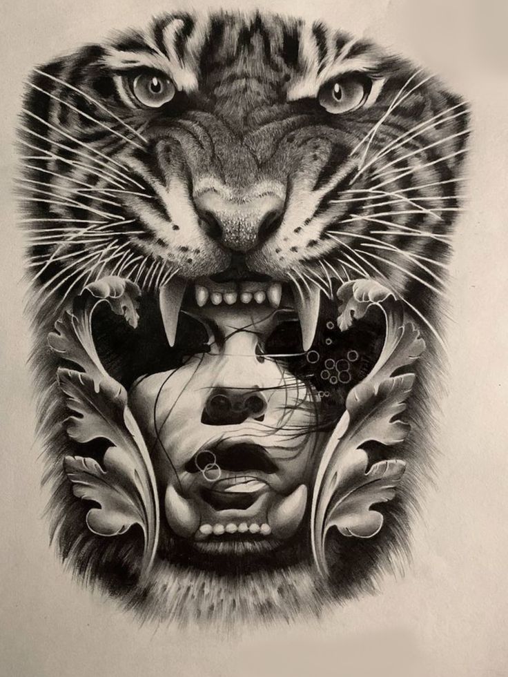 a black and white drawing of a tiger's face