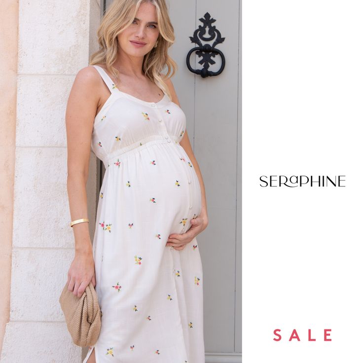 Seraphine's embroidered button-down midi dress features a cool, comfy silhouette in a flexible fit and the prettiest flower motif, perfect to see you through those spring-summer days in effortless style. Casual Midi Dress With Floral Embroidery For Spring, Casual Embroidered Midi Dress For Spring, Spring Floral Embroidery Midi Dress For Daywear, Spring Midi Dress With Floral Embroidery For Daywear, Spring Cotton Maternity Dress, Spring Maternity Dress, Nursing-friendly, Spring Maternity Dress Nursing Friendly, Summer Midi Dress For Maternity Wear, Summer Maternity Midi Dress