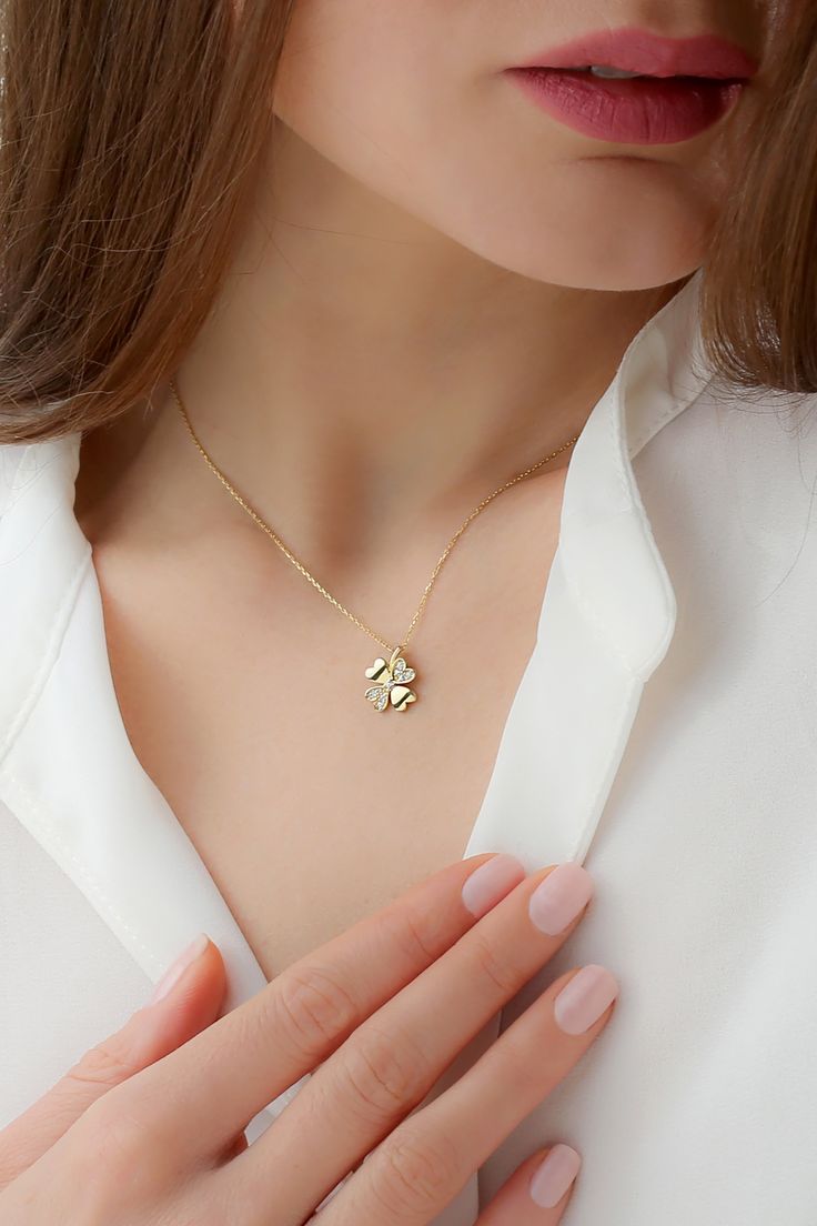 Diamond Clover Necklace, 10k 14k 18k Solid Gold Four Leaf Clover Charm Pendant, Good Luck Necklace St Patricks Day Gift for Her FEATURES * Solid Gold (real gold, not gold plated or gold filled material) * Gold Karat: 10K (417) - 14K (585) - 18K (750) (optional) * Pendant Height: 0.53 Inches (1.34 cm) * Pendant Width: 0.43 Inches (1.09 cm) * Available Gold Color: Yellow gold, rose gold and white gold (optional) * Diamond weight: 0.055 ct * Diamond color: G-H Color * Diamond clarity: SI Wholesale 14k Gold Flower Pendant Charm Necklace For Anniversary, 14k Gold Flower Pendant Jewelry For Mother's Day, Mother's Day 14k Gold Flower Pendant Jewelry, Yellow Gold Diamond Cut Jewelry For Mother's Day, Elegant 14k Gold Hallmarked Charm Necklace, Fine Jewelry Diamond-shaped Gift, 14k Gold Flower Pendant Necklace, Fine Jewelry 14k White Gold Charm Necklace, Fine Jewelry 14k White Gold Charm Necklaces