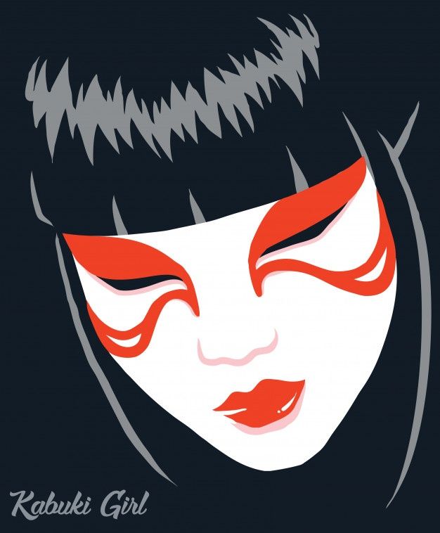 a woman's face painted in red and white with the words kabuki girl on it