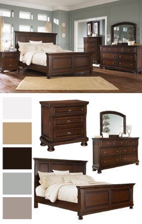 a bedroom with brown furniture and white bedding in it's own color scheme