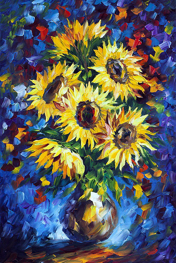 a painting of sunflowers in a vase on a table