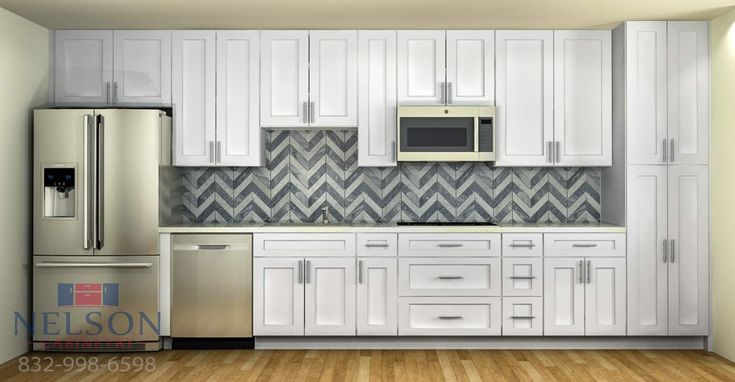 a kitchen with white cabinets and stainless steel appliances in the center, along with wood flooring