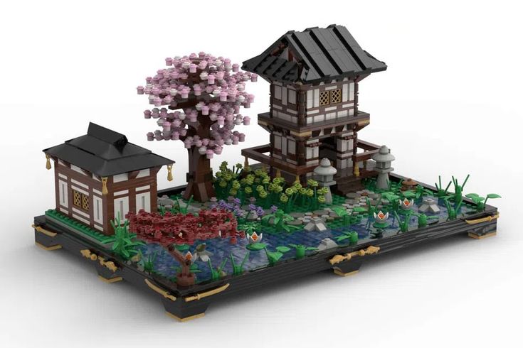 a lego model of a japanese garden with trees and flowers in the foreground, on an isolated white background