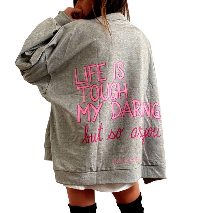 Heather Grey Long Sleeve Trendy Sweatshirt, Trendy Heather Grey Long Sleeve Sweatshirt, Oversized Heather Grey Sweater With Ribbed Cuffs, Gray Sweater With Graphic Print For Fall, Trendy Gray Crew Neck Sweatshirt, Gray Letter Print Winter Sweatshirt, Pink Long Sleeve Sweater With Slogan, Long Sleeve Pink Sweater With Slogan, Winter Gray Letter Print Sweatshirt