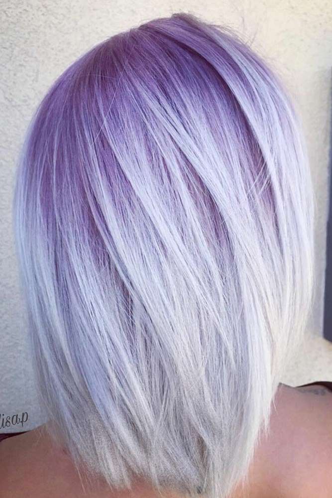 Fun Colors For Grey Hair, Lavender Hair Streak, Short Blonde Purple Hair, Angled Lob Haircut With Bangs, Lavendar Blonde Baylage Hair, Lavender Bob Hair, Lilac Bob Hair, Silver Lavender Hair Short, Silver Lavender Hair