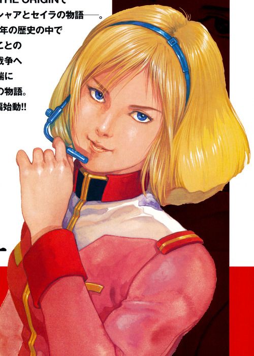 an anime character with blonde hair and blue eyes, wearing a red shirt is holding her hand to her ear