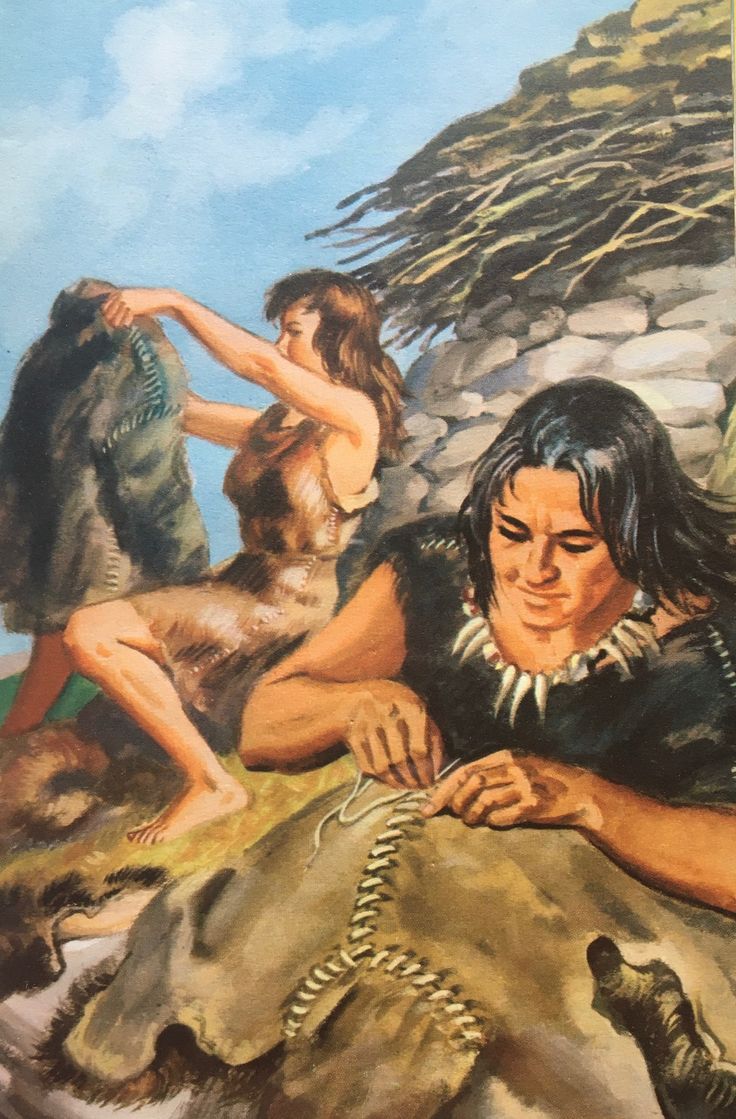 a painting of two women sitting on the ground next to a rock and another woman standing behind her