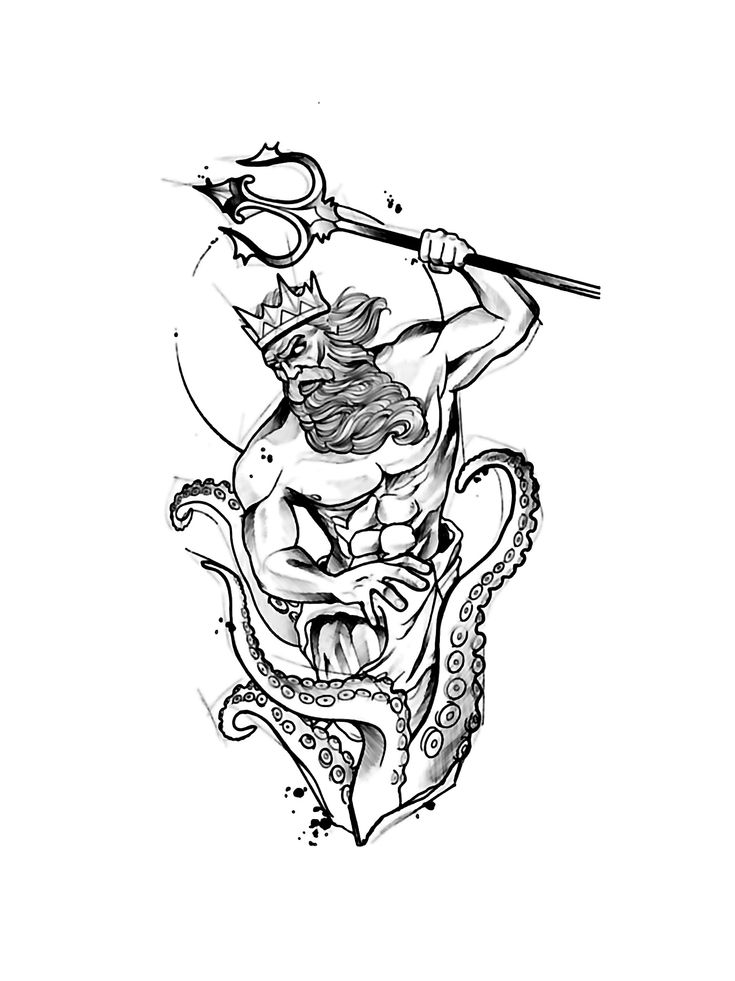 a black and white drawing of a man on top of an octopus with a spear