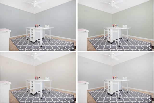 four different shots of a room with a white desk and grey carpeted flooring