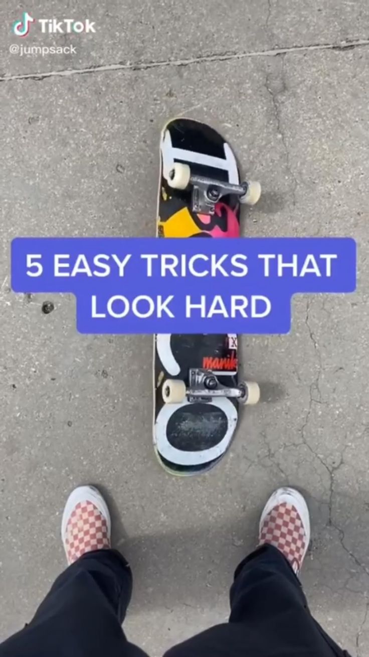 a person standing next to a skateboard with the words 5 easy tricks that look hard