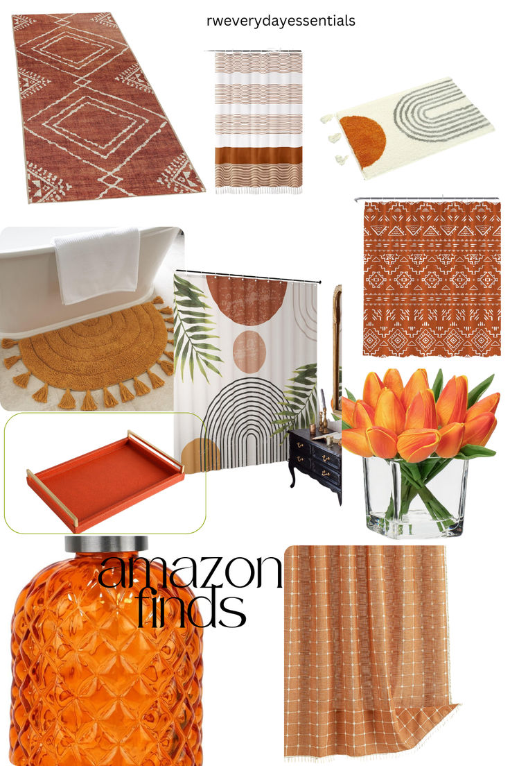 an assortment of orange and brown accessories including curtains, rugs, tablecloths